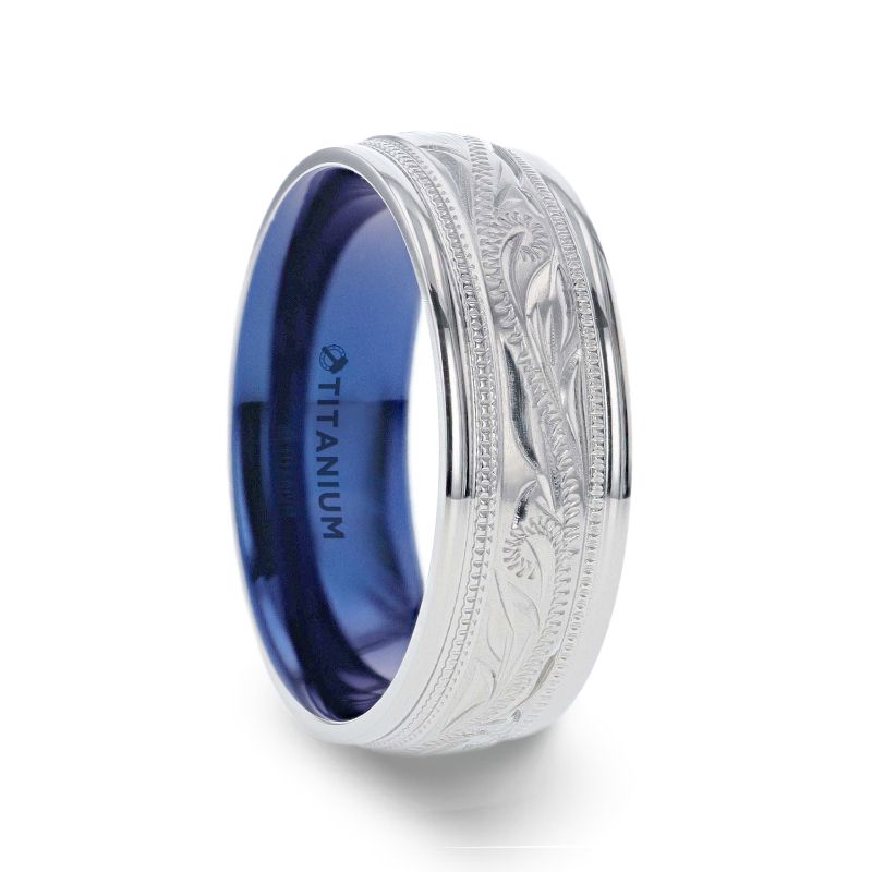 MARINER Titanium Milgrain Engraved Finish Men s Wedding Ring with Blue Plating Inside- 8mm 