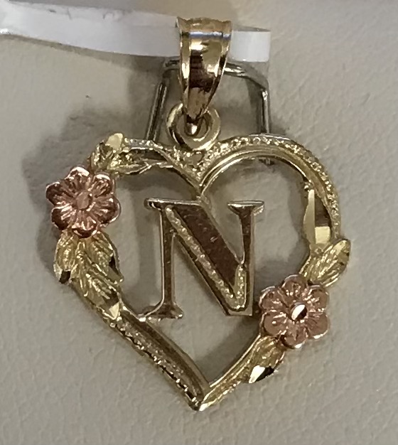 14k Floral Heart Initial "N" Pendant 