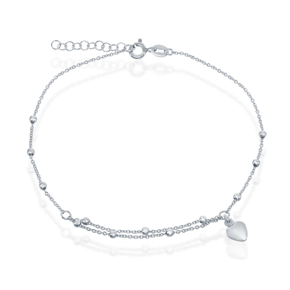 Sterling Bead &amp; Heart Charm Anklet 