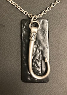 Inox Dog Tag with Antiqued Fish Hook 