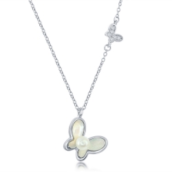 Sterling Mother of Pearl &amp; Fresh Water Pearl Butterfly Necklace 