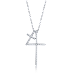 Sterling Double Cross CZ Necklace 