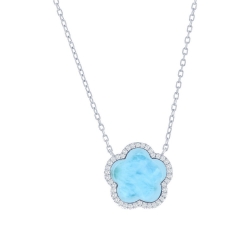 Sterling Silver Flower Larimar CZ Necklace 