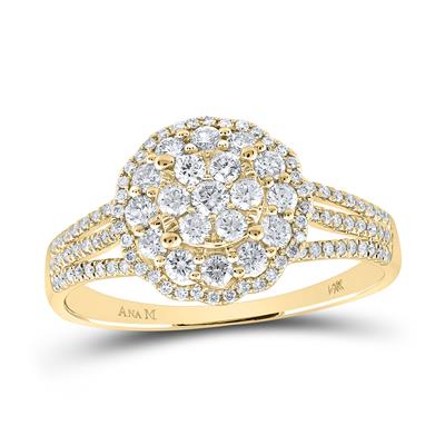 14k Yellow Gold Round Diamond Halo Flower Cluster Ring 7/8 Cttw 