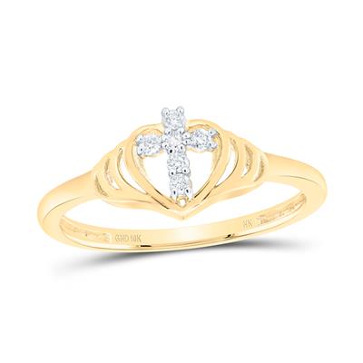10K Yellow Gold Diamond Cross Heart Ring 