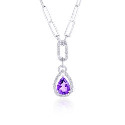 Sterling Pearshaped 7X9 Amethyst &amp; White Topaz Paperclip Necklace 