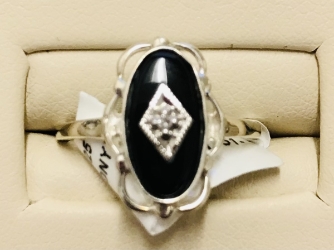 Ladies Sterling & Diamond Black Onyx Ring 